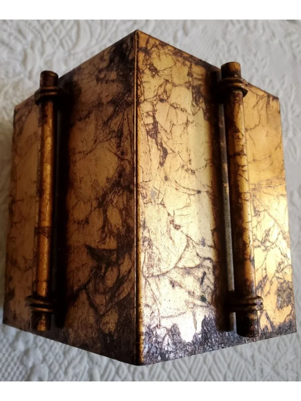 Vtg Tissue Box Cover MCM Brutalist Antique Gold Hollywood Regency Bath Vanity